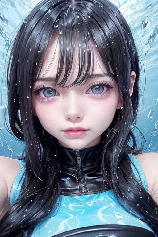 Close-up of a woman in a wet suit in the water, Wearing an ice bikini,Rain-drenched, Gu Weiss, closeup fantasy with water magic, Covered with water droplets, soak, Rainy and humid, Wet, Wet flowing hair, Wet body, artwork in the style of Gu Weiss, Ethereal Beauty, Beautiful body and face, The water reached her shoulders.