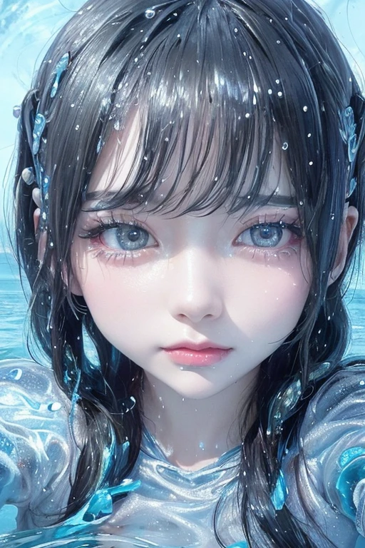 Close-up of a woman in a wet suit in the water, Wearing an ice bikini，Rain-drenched, Gu Weiss, closeup fantasy with water magic, Covered with water droplets, soak, Rainy and humid, Wet, Wet flowing hair, Wet body, artwork in the style of Gu Weiss, Ethereal Beauty, Beautiful body and face, The water reached her shoulders.