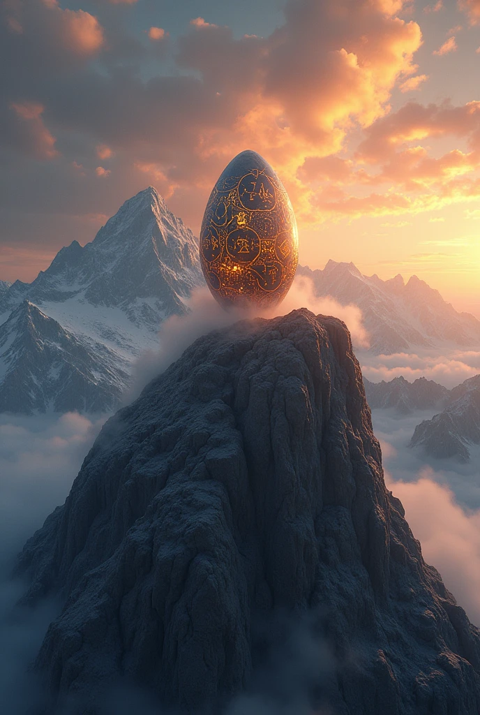 A magic stone on top of a mountain, shining brightly. The stone, like an egg, has an irregular shape., with ancient runes carved into its surface, emitting a faint golden glow. The surrounding mountain is steep and rocky, with snow-capped peaks in the background. The sky is at dusk, with golden and orange clouds, and there is a light mist surrounding the base of the mountain, giving an air of mystery to the scene