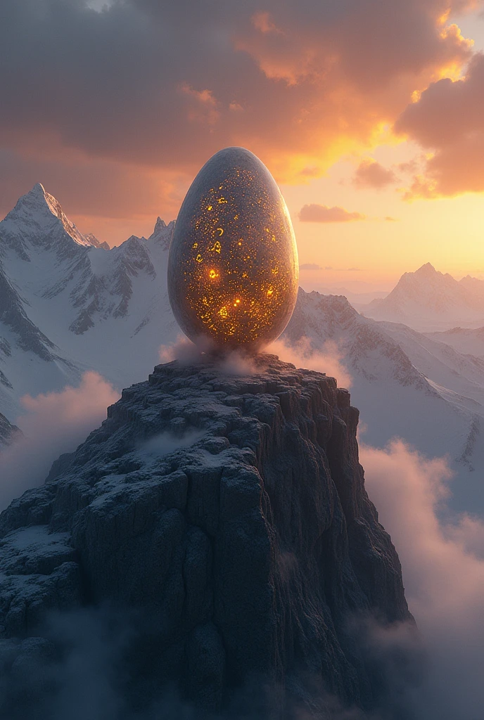 A magic stone on top of a mountain, shining brightly. The stone, like an egg, has an irregular shape., with ancient runes carved into its surface, emitting a faint golden glow. The surrounding mountain is steep and rocky, with snow-capped peaks in the background. The sky is at dusk, with golden and orange clouds, and there is a light mist surrounding the base of the mountain, giving an air of mystery to the scene