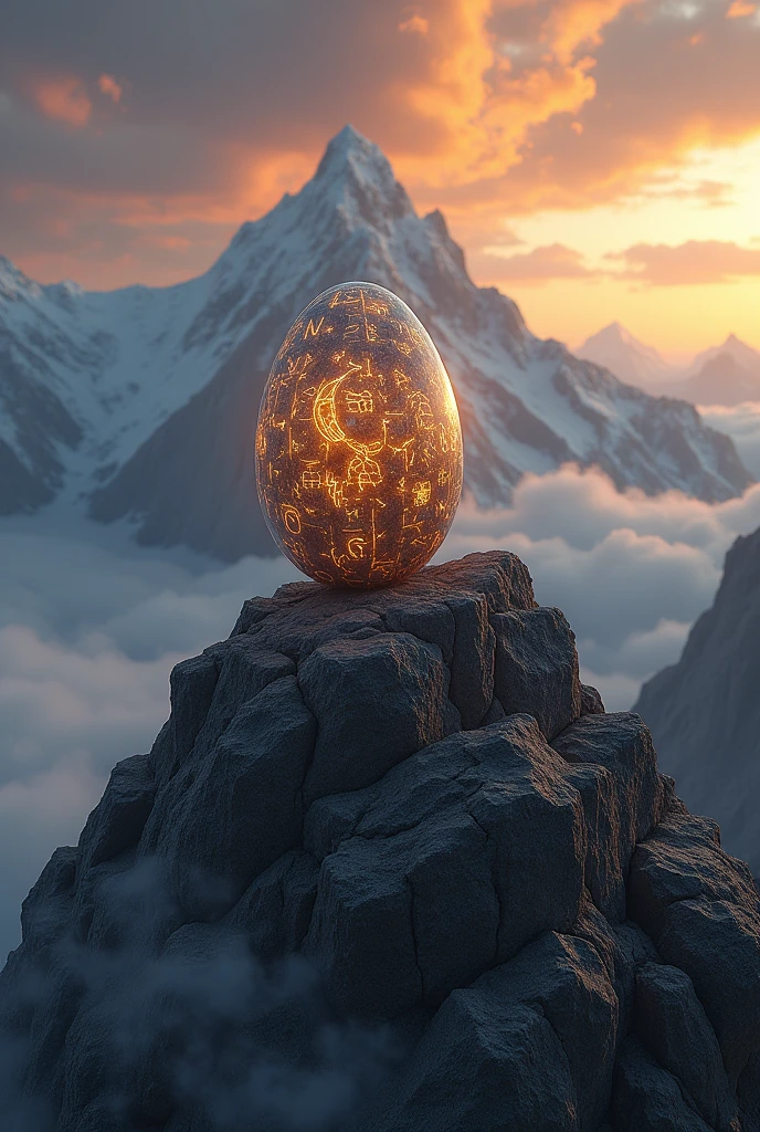 A magic stone on top of a mountain, shining brightly. The stone, like an egg, has an irregular shape., with ancient runes carved into its surface, emitting a faint golden glow. The surrounding mountain is steep and rocky, with snow-capped peaks in the background. The sky is at dusk, with golden and orange clouds, and there is a light mist surrounding the base of the mountain, giving an air of mystery to the scene