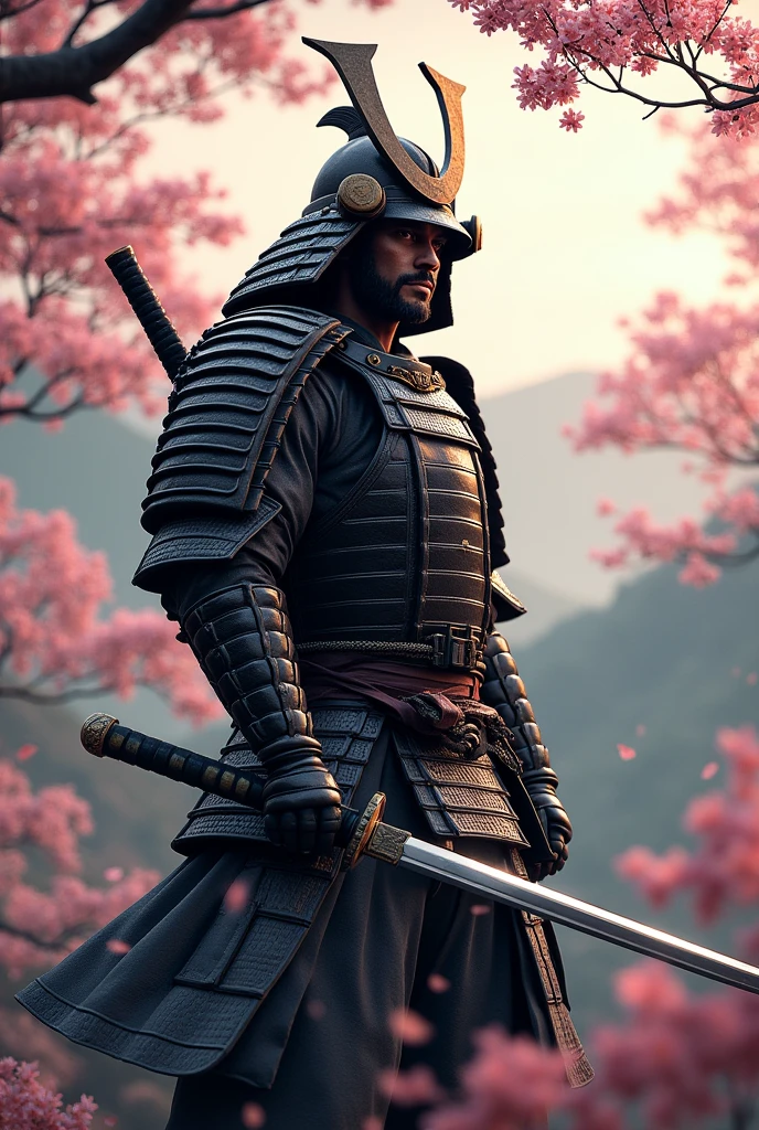 a samurai of the sengoku period, detailed muscular body, stoic expression, intricate armor, katana sword, cherry blossom trees, traditional japanese landscape, cinematic lighting, muted color palette, highly detailed, photorealistic, 8k, unreal engine, masterpiece