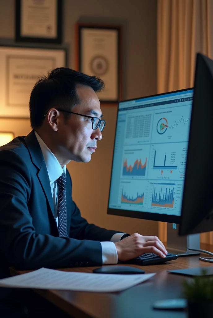 an asian business owner looking at graphs on a computer