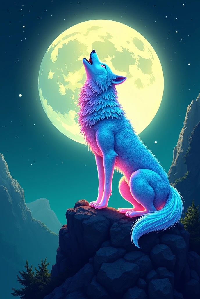 alpha colourful cartoon wolf howling on mountain logo, full moon night, green as primary colour, crystalline wolf, side view, wolf in middle of moon, landscape image, 
