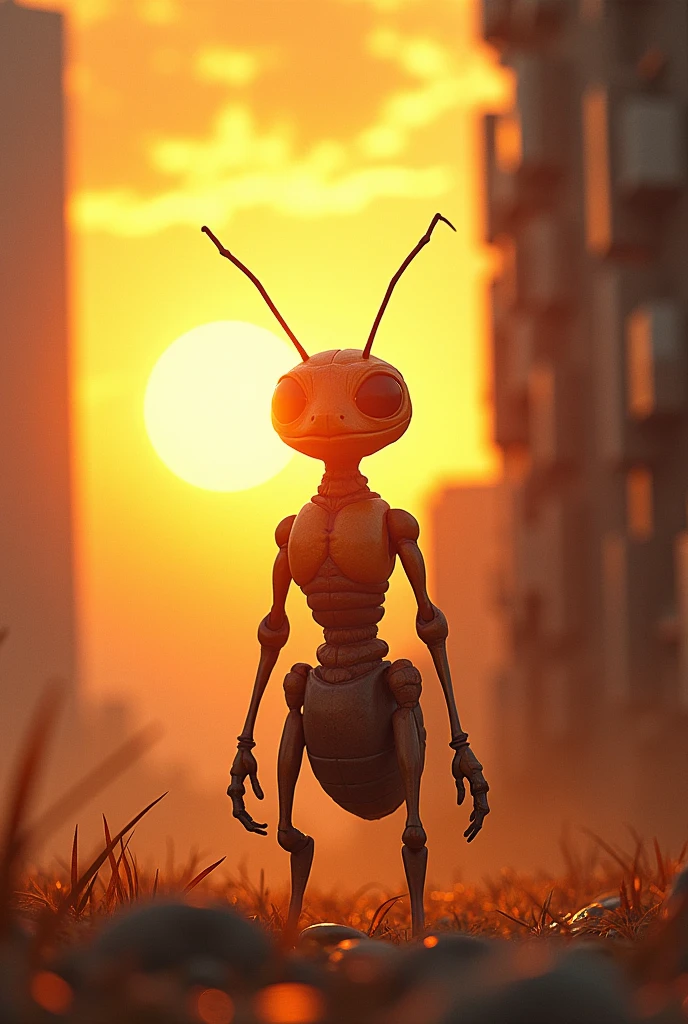 Ant in human character standing behind building with amazing sunshine 