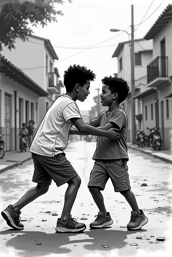 In the form of a drawing and comic, create an image of a white boy bullying a black boy on the streets of Brazil.