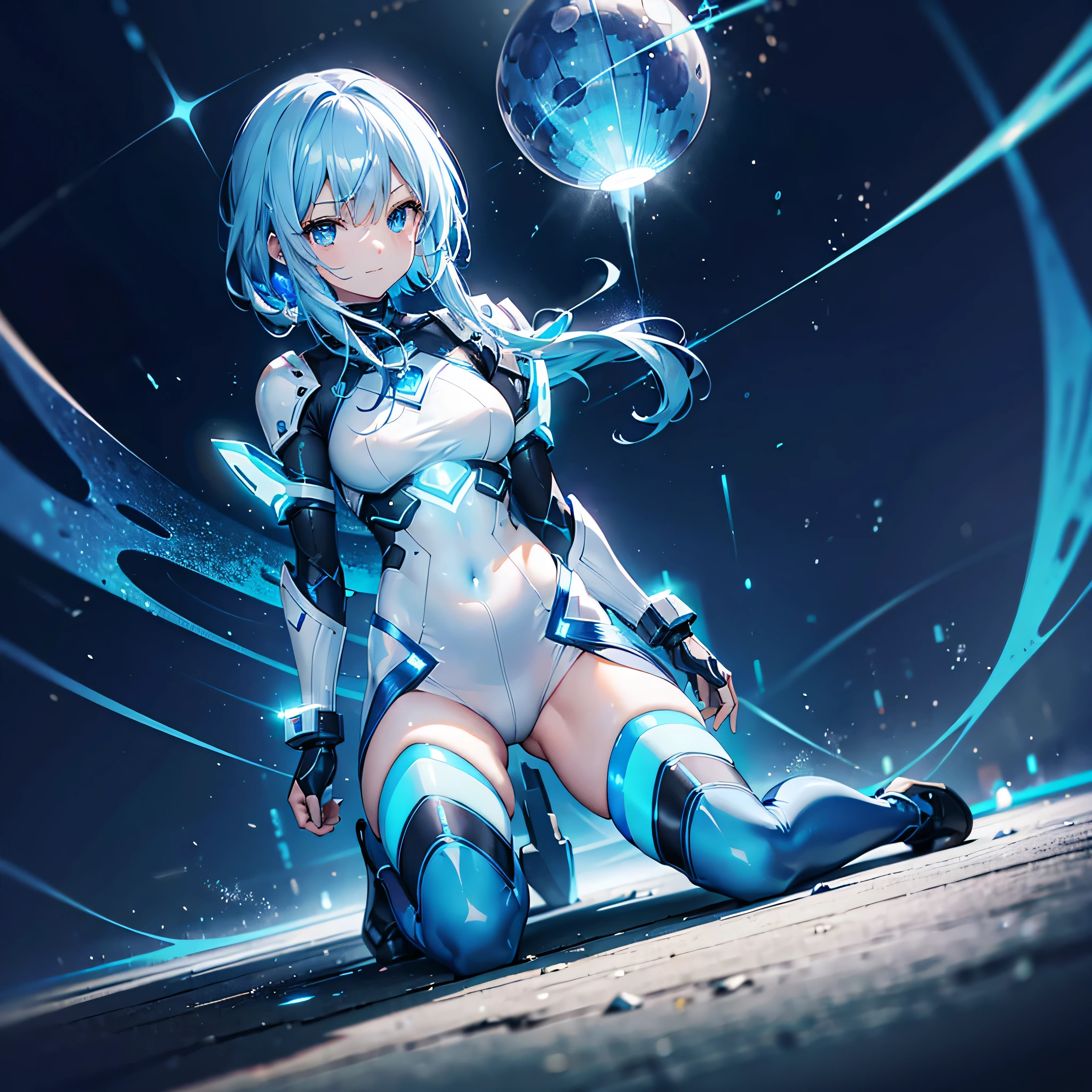 ((Holographic glow effect)),8k, Highest quality, (real:1.4), Original photo, 1 person, Asari Hair, Biological Amplifier, Very sleek and futuristic armor, posture: Peace talks between warring factions,,attention arousal, smart blue eyes,A modest smile,Knee-high boots,Patent-look blue tights,Blue big moon and blue light swirl in the background,Blue light from behind,blue light magic,A small, glowing blue ball in the palm of your hand,Blue flame swirl,Blue Comet,Polished floor,