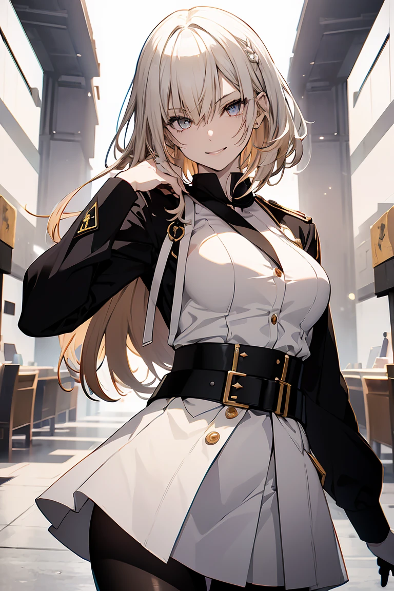 (Super sexy pose:1.2), One Girl, whole body, White one-piece military uniform, (Tabletop:1.2, Highest quality), (Beautiful, detailed eyes: 1.2), (Beautifully detailed face), High Contrast, (Best lighting, Very delicate and beautiful), ((Cinematic Light)), Dramatic Light, Deep orange eyes, small, Below the belt , White military uniform, White Skirt,Blonde, Black tie, (Pale white background:1.5), Wolf Cut Hair, Look at me and smile,