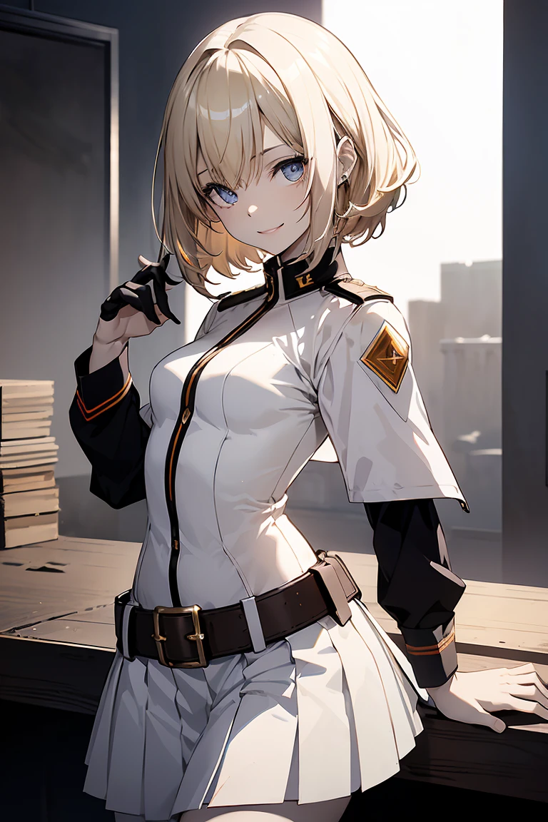 (Super sexy pose:1.2), One Girl, whole body, White one-piece military uniform, (Tabletop:1.2, Highest quality), (Beautiful, detailed eyes: 1.2), (Beautifully detailed face), High Contrast, (Best lighting, Very delicate and beautiful), ((Cinematic Light)), Dramatic Light, Deep orange eyes, small, Below the belt , White military uniform, White Skirt,Blonde, Black tie, (Pale white background:1.5), Wolf Cut Hair, Look at me and smile,