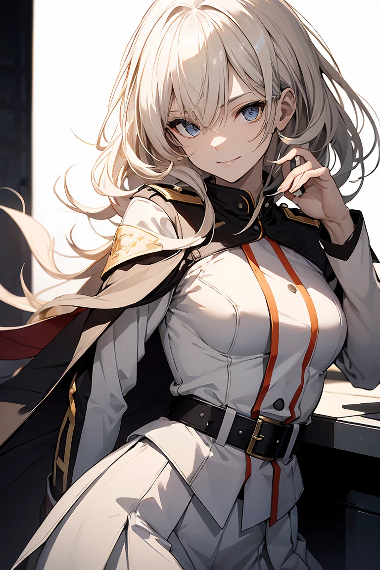(Super sexy pose:1.2), One Girl, whole body, White one-piece military uniform, (Tabletop:1.2, Highest quality), (Beautiful, detailed eyes: 1.2), (Beautifully detailed face), High Contrast, (Best lighting, Very delicate and beautiful), ((Cinematic Light)), Dramatic Light, Deep orange eyes, small, Below the belt , White military uniform, White Skirt,Blonde, Black tie, (Pale white background:1.5), Wolf Cut Hair, Look at me and smile,