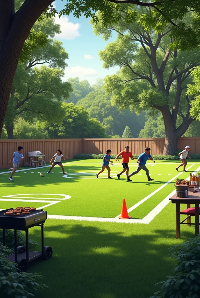 Create a backyard with a football field and grill