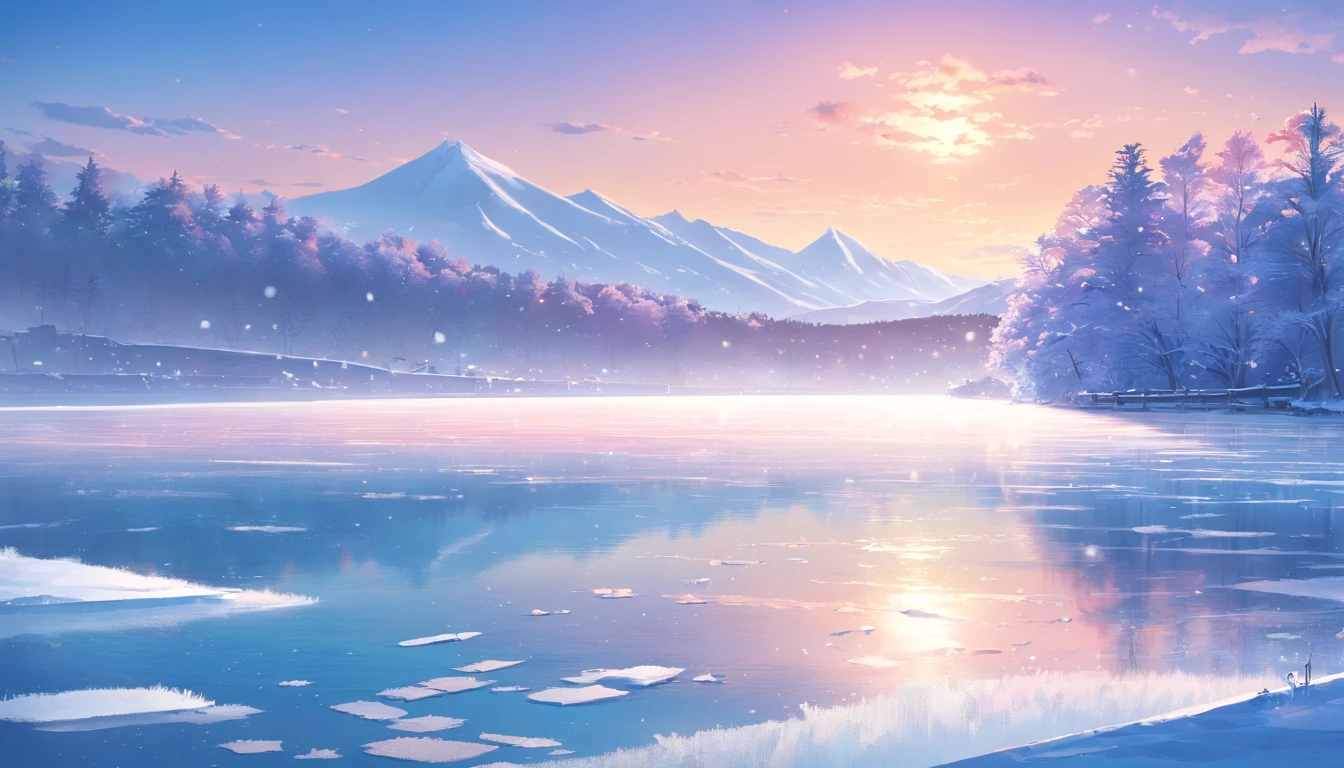 Frozen lake, morning dawn, severe frost, frost, snowing, 4k, high resolution, high detail, random angle, hyperrealism, 300mm, f/10.0, 1/1600ms, HDR