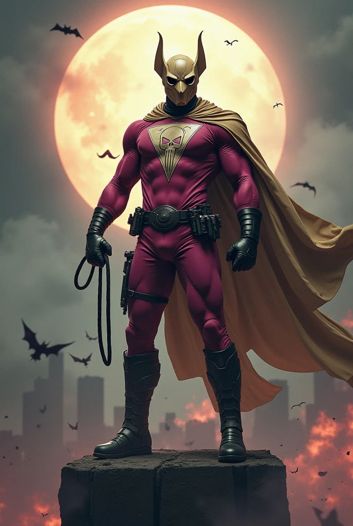 Malaysia man in high-tech suit, vivid effects, malaysian superhero (KELUANG MAN) in a striking pink and beige costume cyberpunk design, mask small mini bat ear beige, daredevil beige mask, jumpsuit dark pink stands confidently in a dramatic.jumping from high place.hero costume.one hand rise up. Big triangle logo on the chest.high detail Punisher logo on the chest. Fighting pose , stormy landscape. ((Head covered node guard like batman. Running pose , athletic body type, small mini ear bat mask))The character wears domino mask a helmet with pointed mini torn ears and a flowing cape biege, open nose and mouth. Equipped with visible futuristic weapons on a belt,bullet proof jacket pink dark day.show fingers pose, dark night, big supermoon effect . Small logo on chest triangle shape small punisher logo center(( skull triangle Casey Jones mask shape logo)) center on chest pink logo mini logo . rocky. Building top.smoke ground , bomb effect background, losse pants, losses costume.adding to --ar 3:4 --style raw --stylize 500 --v 6.1. chaos. Lot of small flying bat. One leg on the high stone. Man . Real man age 40 year old. One hand holding belt.one hand holding black rope hanging on building. Big pant pink. Beige cape joodie. Loose pant