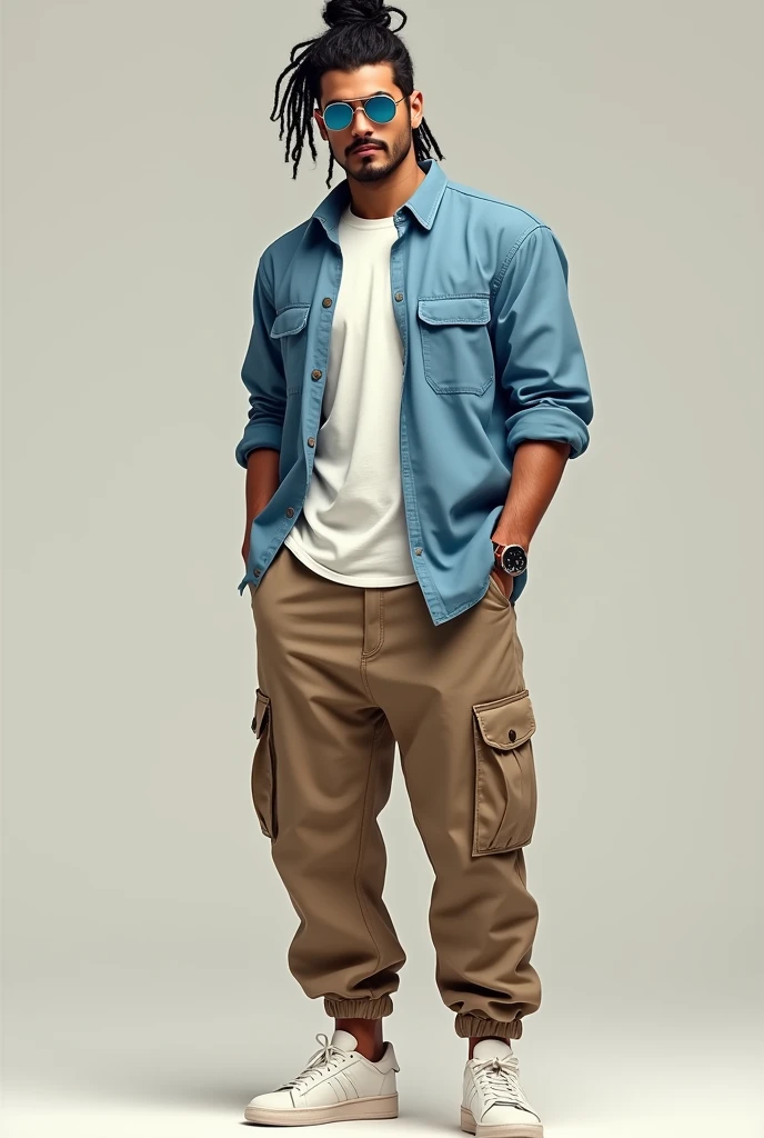 Average height ma n...wearing medium baggie light brown  cargo pants and white sneakers....white t shirt and sky blue shirt above t shirt.....analog watchon left  with brown leather band....long curly  hair tied in samurai style and with aviator sunglasses with blue tint one face..... Light moustache and slight hairs on the chin