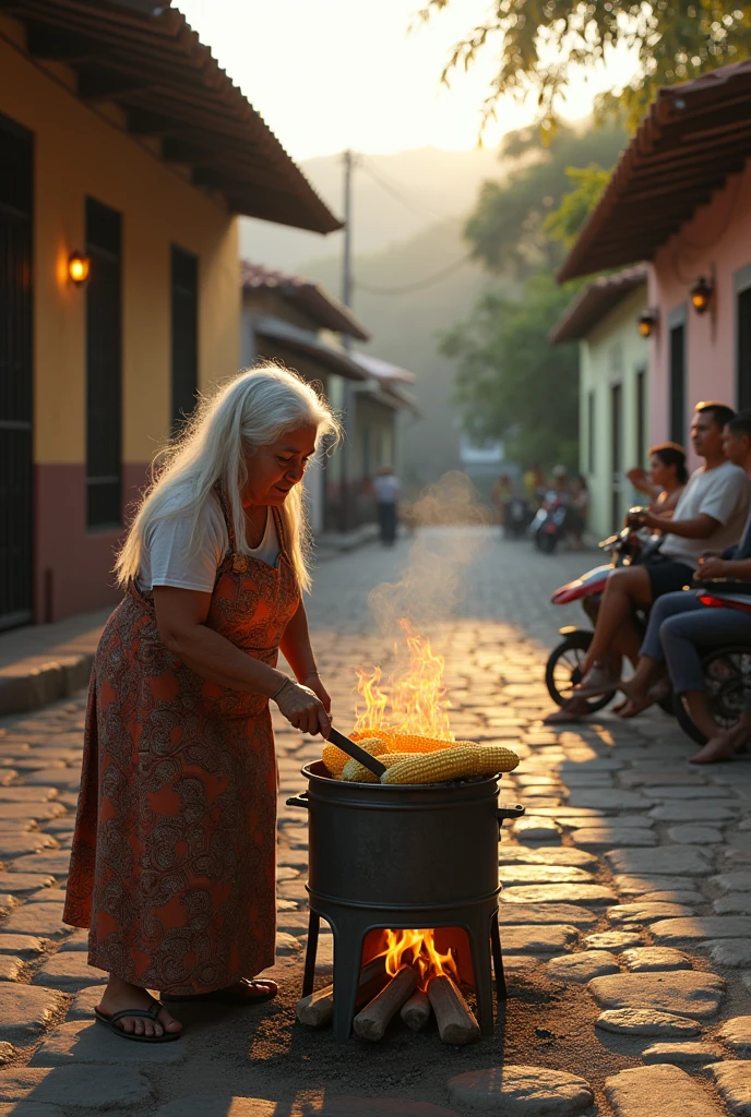 Here's a more concise prompt, com até 2000
Crie uma cena hiper-realisitic de uma rua de paralelepípedo em Ferreiros, Pernambuco, in the late afternoon. The street should show typical country houses, with simple facades and large iron gates. Late afternoon lighting should give the room a golden hue., highlighting textures and details.
**Main Elements:**
- **Street:** Well detailed parallelepiped, showing texture and wear.
- **houses:** Simple and traditional, with iron gates and brick or plaster facades, reflecting the local architecture.
- **people:** Some people sitting in rocking chairs on the sidewalk, with details on the chairs and typical country clothes.
- **senora:** A brown lady with long white hair, realisitic, roasting corn on a metal stove with visible flame and detailed texture of the corn.
**Additional Detail:**
- **motorbike:** Parked in front of a house, with reflections in the paint and textures of the tires.
- **Stove:** Metal with meticulous details, showing the flame and texture of the roasting corn. A fumaça deve ser realisitic.
- **interaction:** people interagindo naturalmente, with facial expressions and clothing that reflect local culture.
**colors e styled:**
- **colors:** Warm and natural, with the late afternoon light creating a golden hue. Detalhes realisitics nas cores das casas, clothes and street.
- **styled:** Hiper-realisitic, focusing on textures and details to create a sense of authenticity.
**Format and Composition:**
- **perspective:** At street level, capturing the interaction between people and the environment, with detailed shadows and lighting. The motorcycle and the stove must be visible elements, Adding realism to the scene