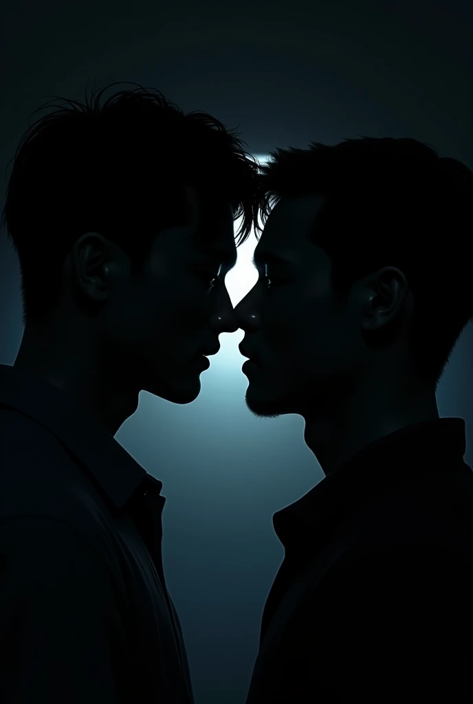 eux tu faire deux hommes en train de se regarder mantiquement de vue de dos dans le noir ou on voit ste les silouhettes. Je veux qu'on voit que leurs ombre Je veut qu'on voit que leurs silhouette. I don't want us to see their faces. An image or that the face has seen not the body. Bring their faces closer together. Deux ommes apparence coreen. Je veux que l'image ssemble à la couverture de l'album de taeyeon to x. a man with fuller lips and a face. Un homme avec un air innocent, visage rond et livre pulpeuse et l’autre un homme d’affaire avec sa silhouette dans le noir complet avec une lumière bleu sombre ambiance avec une apparence reel. Un homme apparence d’origine filipin Grosse levreet l’autre coréen mais qui ne s’embrasse pas mais presque. Dans un mur noir derrière avec une coupe au bol une frange