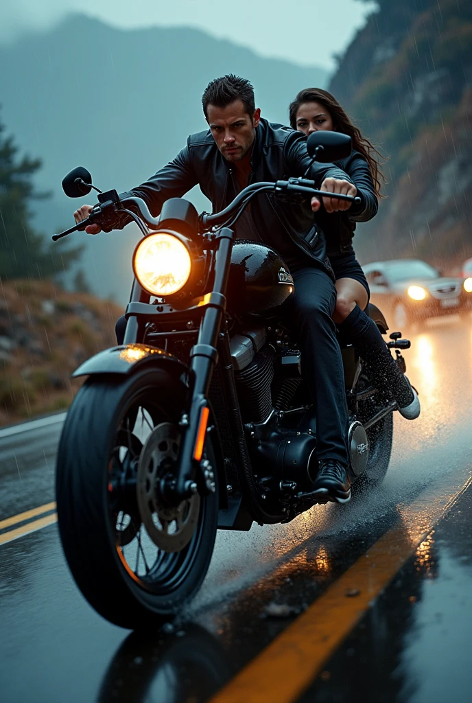 A man ride Harley Davidson black and wear black dress shine in night speed 100km with girl friend in the rain and in mountain and Scape of police 
