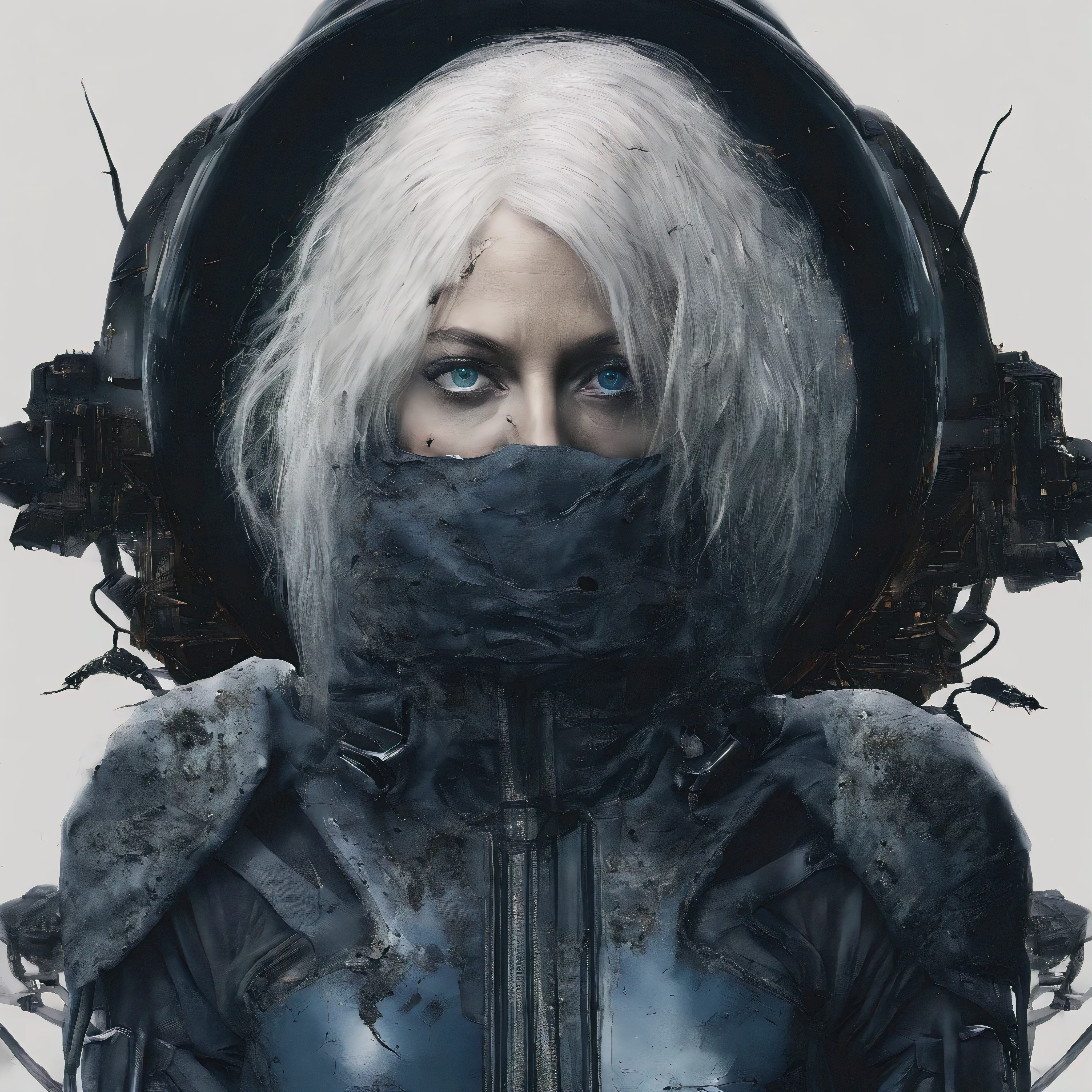 woman with ,golden white hair,blue eyes,,,black space suit