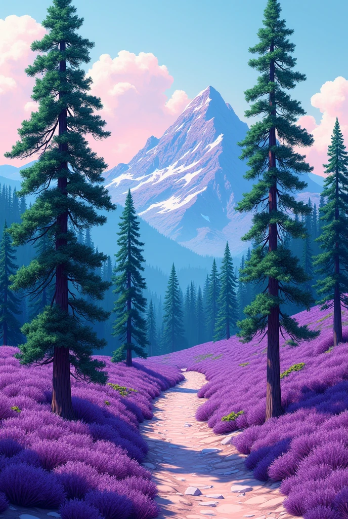 A landscape drawing using the bichrome technique, In the landscape you can see a path with 3 pine-like trees and a mountain behind it.. The colors should be bright and cheerful BICHROMY; Green and purple