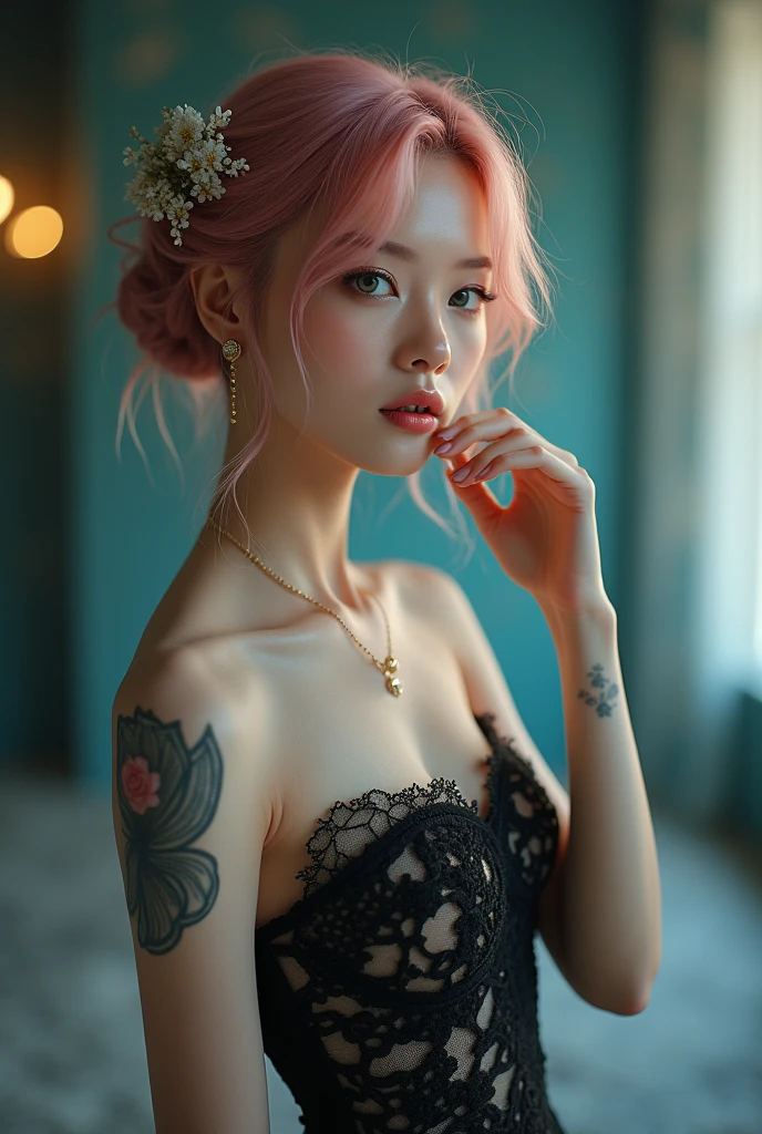 ultra realistic professional full body camera ((( ))) (photo 1028k qhd) by (James C. Christensen:1.2|Jeremy Lipking:1.1), (Dittmann Anna:0.3), (jiner:0.3), (mise au point nette:1.3) lndswgnr,High detail, instagram top model, navy blue hair, beautiful detailed baby blue eyes, k eyes,(eye (eye makeup: 1.2) sleeping Pose of the Instagram model, perfect button nose, attractive lip shape has an upper-to-lower lip ratio of 1:2, perfect ivory skin confiant, (((anatomycally perfect 25 old ladie hand,finger, nail))),fille en forme Fille maigre et sexy, breast:1.2, anatomie parfaite, Perfect symmetry:1.2, Realstic position, realistic and gorgeous face:1.2, perfect face, highly detailled, happy, confident, ighting cinematic, Lighting scene, soft lights, instagram standing pose (((baby blue eyes,, Fille maigre et sexy, breast:1.2 perfect charming face, attractive lip and nose,A delicate beautiful, sensual, woman, full body view, with short pink hair styled in a loose bun adorned with flowers, wearing a black and white lace dress with intricate details. The lighting highlights her ethereal beauty and the intricate lace of her dress. The woman pose is elegant, with one hand gently touching her face and a soft, dreamy expression. The overall image has a magical, enchanting atmosphere with vibrant colors and fine details. Hyper realistic photo, vibrant colors, 16k