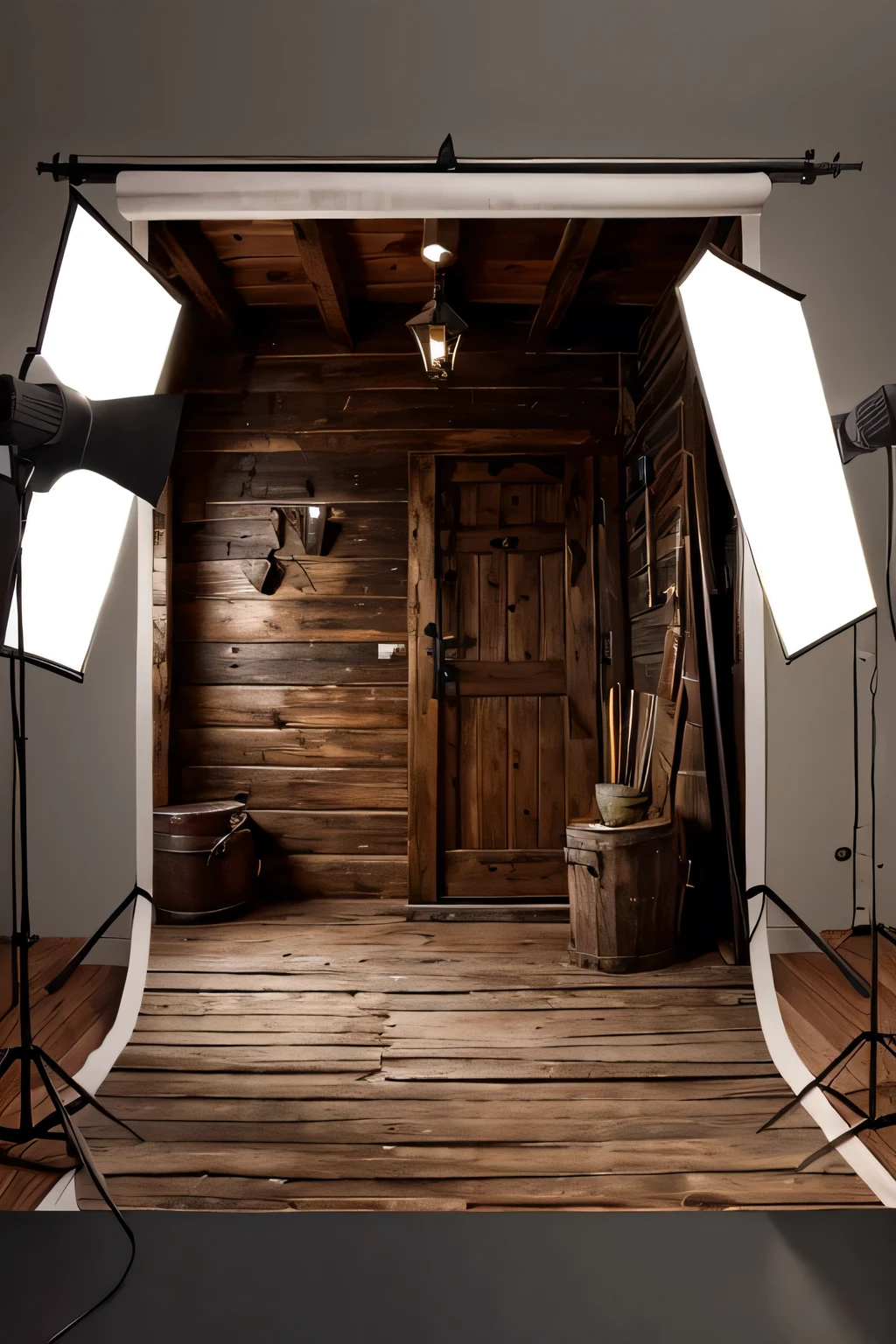 Photo studio style background with details of leaves, wood, horseshoe and country cabin things, cinematic lighting, v