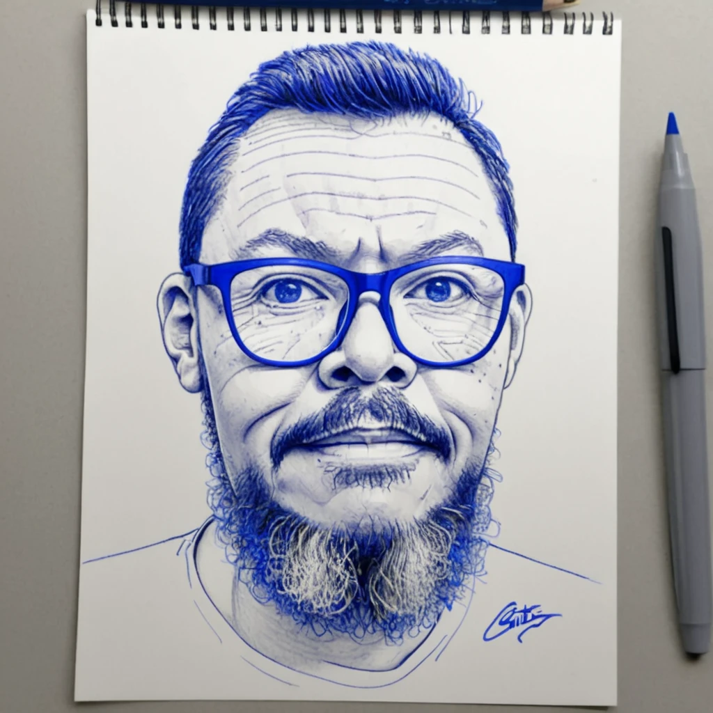 a sketch of a man with glasses and a beard, drawn on paper with a blue ballpoint pen, on an office desk, simple lines, poor drawing, light background, cartoon style, caricature, simple lines, simple drawing, colored pencil, gutto2024abr 