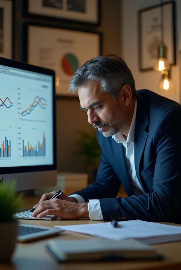 an indian business owner looking at graphs on a computer