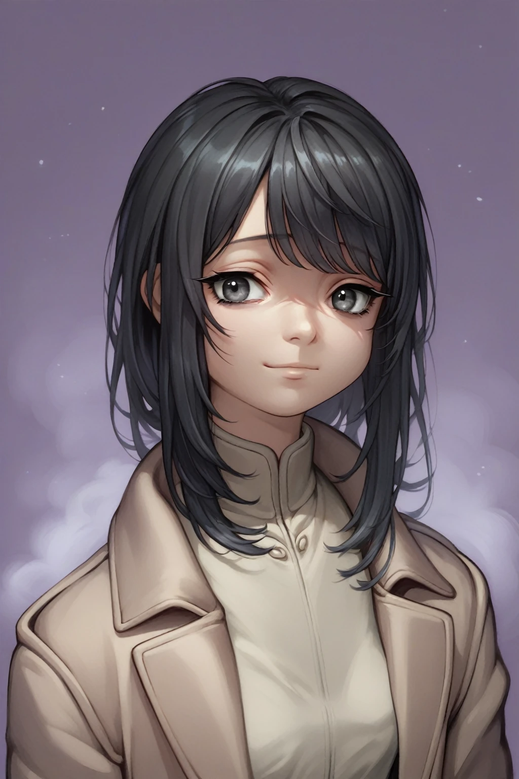 score_9, score_8_superior, score_7_superior, High resolution, One person, View your viewers, Beautiful Face, detailed psuperiorils, Sad Smile, Black Hair, Low Twin Blade, Swept-apart bangs, Dark grey eyes, Small breasts, Beige long coat, Foggy atmosphere, Purple Background 