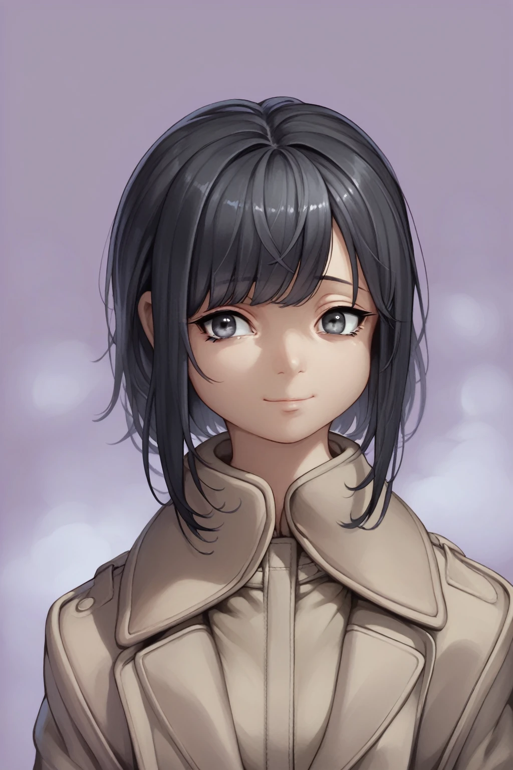 score_9, score_8_superior, score_7_superior, High resolution, One person, View your viewers, Beautiful Face, detailed psuperiorils, Sad Smile, Black Hair, Low Twin Blade, Swept-apart bangs, Dark grey eyes, Small breasts, Beige long coat, Foggy atmosphere, Purple Background 