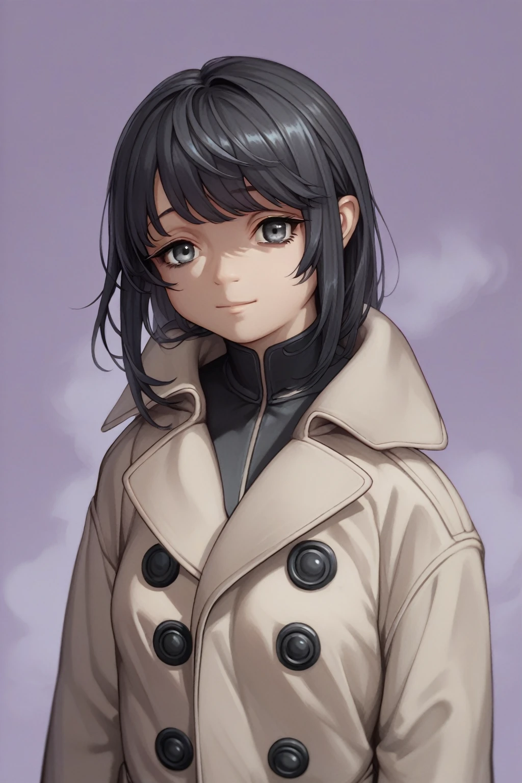 score_9, score_8_superior, score_7_superior, High resolution, One person, View your viewers, Beautiful Face, detailed psuperiorils, Sad Smile, Black Hair, Low Twin Blade, Swept-apart bangs, Dark grey eyes, Small breasts, Beige long coat, Foggy atmosphere, Purple Background 