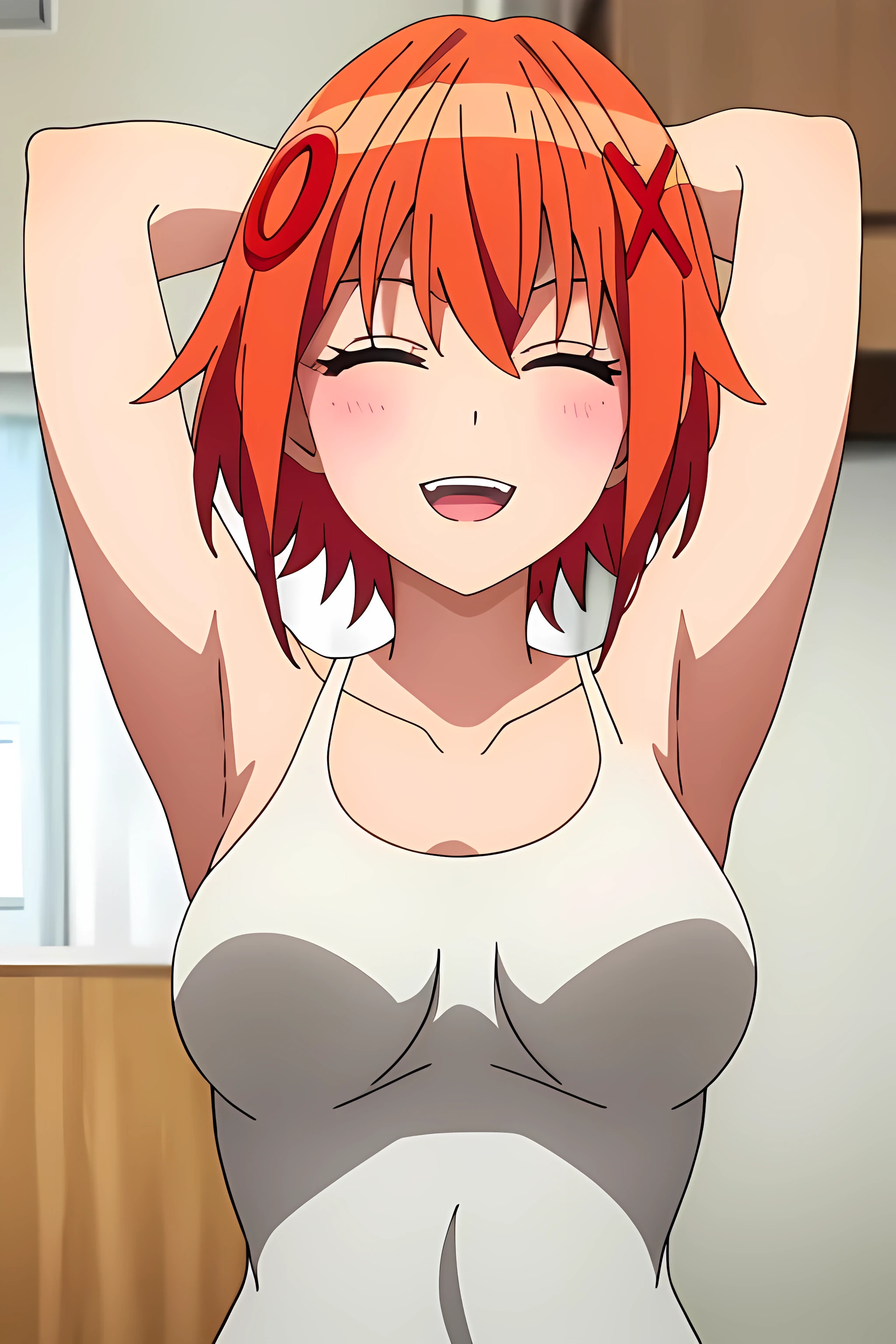 ((best quality)), ((highly detailed)), masterpiece, absurdres, detailed face, beautiful face, (detailed eyes, deep eyes),1girl, ((dynamic pose)), Izumi, closed eyes, open mouth, smile, solo, hair ornament, short hair, orange hair, breasts, x hair ornament, upper body, indoors, arms up, bangs, large breasts, teeth, facing viewer, collarbone, hairclip, sleeves rolled up, hair between eyes, buttons, blush, upper teeth only, blurry, medium breasts, naked, completely naked, bare, no clothes, pink nipples.