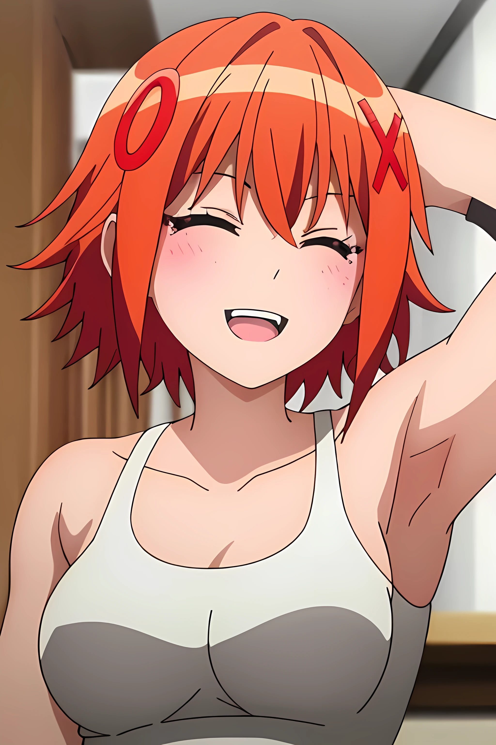 ((best quality)), ((highly detailed)), masterpiece, absurdres, detailed face, beautiful face, (detailed eyes, deep eyes),1girl, ((dynamic pose)), Izumi, closed eyes, open mouth, smile, solo, hair ornament, short hair, orange hair, breasts, x hair ornament, upper body, indoors, arms up, bangs, large breasts, teeth, facing viewer, collarbone, hairclip, sleeves rolled up, hair between eyes, buttons, blush, upper teeth only, blurry, medium breasts, naked, completely naked, bare, no clothes, pink nipples.