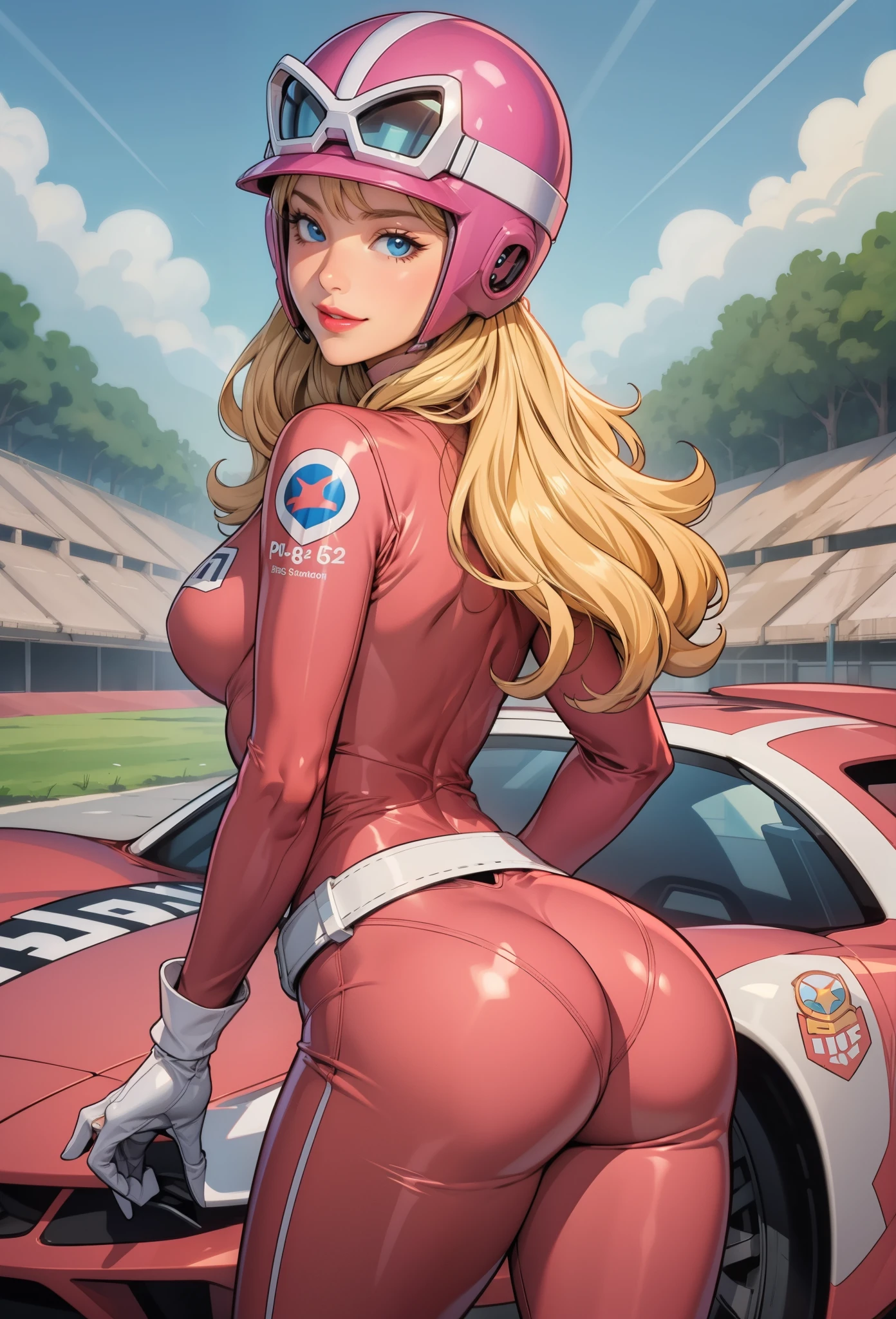 perfect eyes:1.2, detailed eyes:1.4, smile, penelope_pitstop, blue eyes, blond hair, pink helmet, pink bodysuit, belt, lipstick, cowboy shot, 1girl, solo, (masterpiece:1.6, best quality), 8k, insane details, intricate details, hyperdetailed, hyper quality, high detail, ultra detailed, professional, HDR, ray tracing reflection, cinematic lighting,
