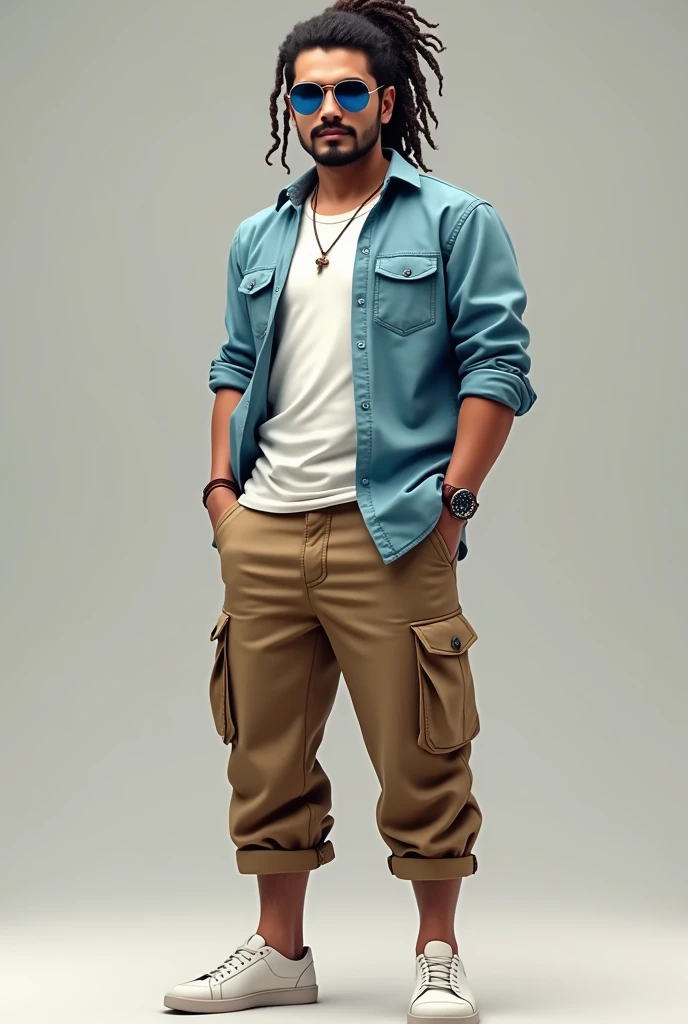 Average height ma n...wearing medium baggie light brown cargo pants and white sneakers....white t shirt and sky blue shirt above t shirt.....analog watchon left with brown leather band....long curly hair tied in samurai style and with aviator sunglasses with blue tint one face..... Light moustache and slight hairs on the chin