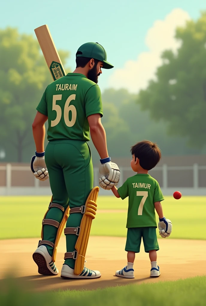 5year old nephew in green t-shirts with 21year old uncle with beard in a cricket going to batting against Indianthe nephew name on t-shirts is SHURAIM back side and t-shirts number is 56 and the uncle name on t-shirts is TAIMUR and t-shirts number is 7 back side