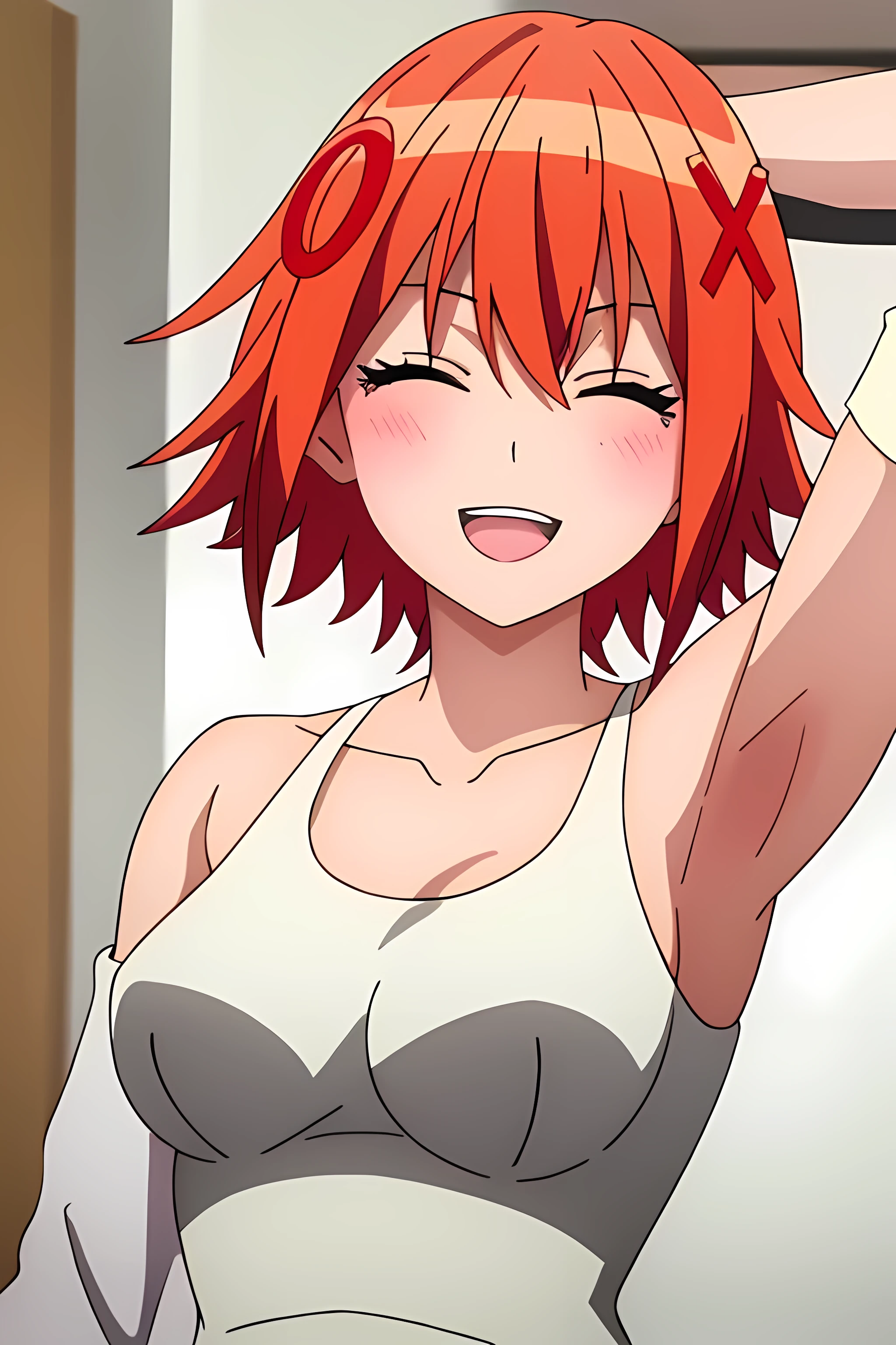 ((best quality)), ((highly detailed)), masterpiece, absurdres, detailed face, beautiful face, (detailed eyes, deep eyes),1girl, ((dynamic pose)), Izumi, closed eyes, open mouth, smile, solo, hair ornament, short hair, orange hair, breasts, x hair ornament, upper body, indoors, arms up, bangs, large breasts, teeth, facing viewer, collarbone, hairclip, hair between eyes, blush, upper teeth only, blurry, medium breasts, naked, completely naked, bare, no clothes, pink nipples.