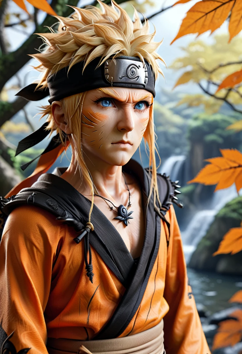 A realistic full-body image of Naruto Uzumaki in his orange and black ninja outfit, with spiky blond hair, blue eyes, and a Konoha headband. He stands confidently in the Hidden Leaf Village, with Hokage Rock in the background.