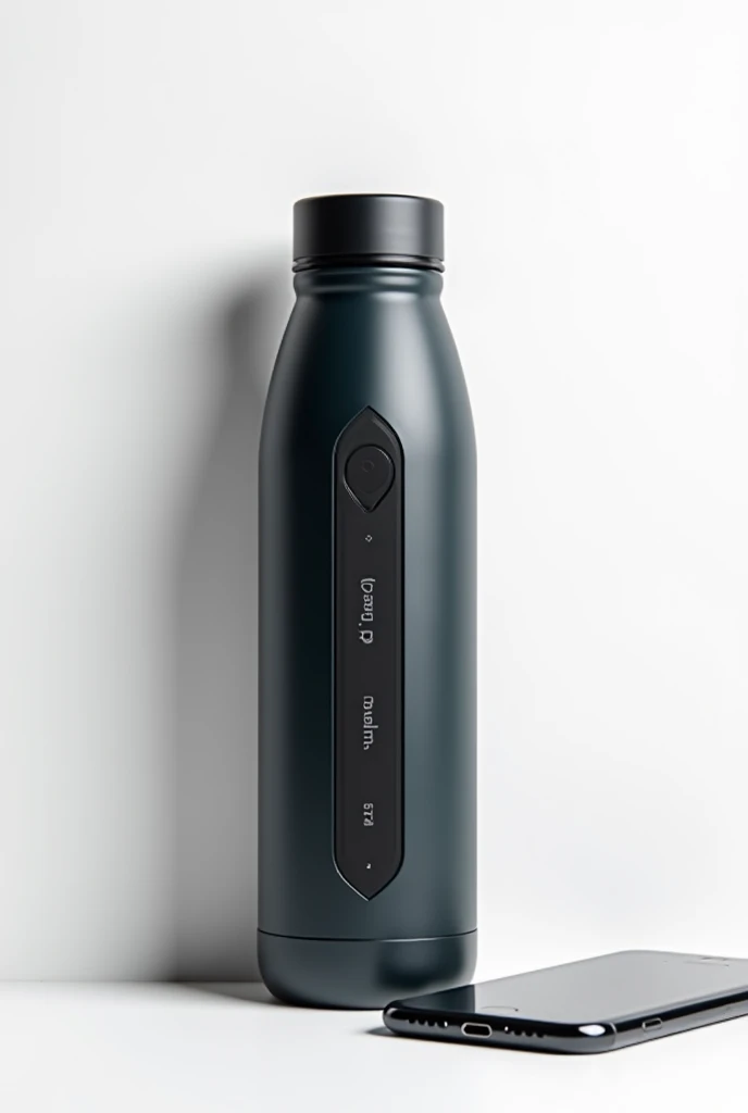 Creates a dark-toned bottle, This bottle must have “Aquapulse” written on it, Aqua pulse is a smart bottle that has a Bluetooth monitoring system to send reports to your smartphone, alerting you to reach your daily water intake goal., in addition to having high technology, It monitors and sends notifications alerting you to drink water, create this image with a smartphone next to it. Aquapulse name legible and black color on the bottle with white background of the image Be more technological in the bottle, the idea is for her to be smart, and the cell phone with the open bottle app 