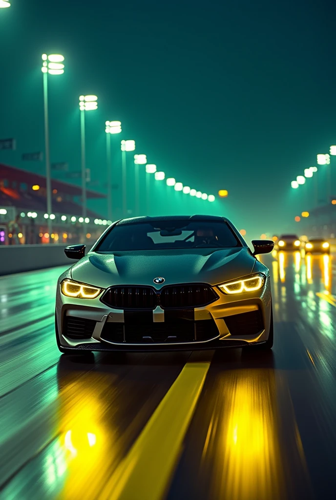 A BMW M8 Competition series on race track at the night with  neon punk yellow and green light in 1080p for wallpaper 