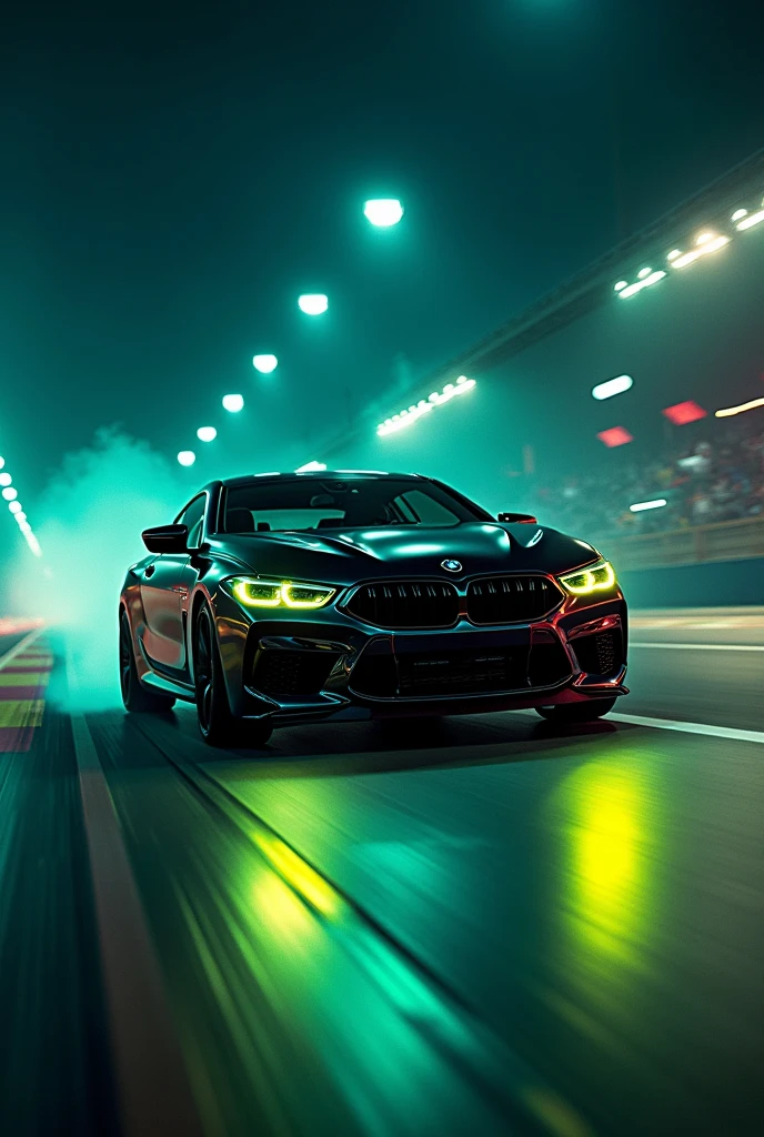 A BMW M8 Competition series on race track at the night with  neon punk yellow and green light in 1080p for wallpaper 