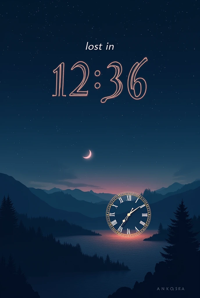 Here's a conceptual outline for the cover based on your description:
1. **Background**: A serene starry night sky with deep blues and purples. The sky is rich and dark, creating a tranquil atmosphere.
2. **Clock**: Positioned centrally, the clock reads 12:36am. Its design is subtle yet glowing, with elegant hands that point to the specified time.
3. **Text**: "Lost in 12:36am" is written in a graceful, modern font. Place it near the top or bottom, ensuring it contrasts gently with the background for readability.
4. **Additional Elements**: Soft, ethereal light effects or faint silhouettes of distant landscapes. These elements should enhance the peaceful and introspective mood of the cover.
This concept creates a calming and introspective vibe, fitting the theme of the playlist.