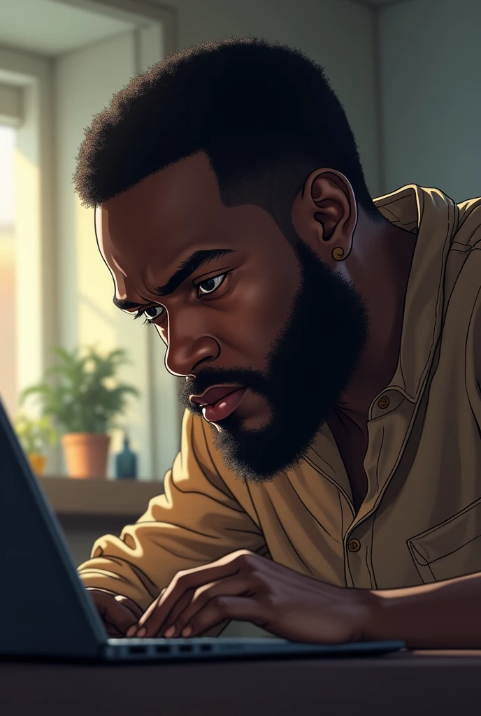 dark skinned man in front of his computer with a concentrated expression,illustration,nblurry background,face detailed,facial hair,good looking eyes, atmosphere,soft natural lighting,high resolution,emotional, drawning, long goatee