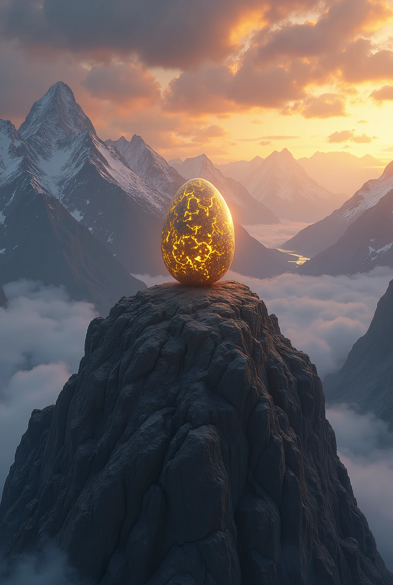 A magic stone on top of a mountain, shining brightly. The stone, like an egg, has an irregular shape., with ancient runes carved into its surface, emitting a faint golden glow. The surrounding mountain is steep and rocky, with snow-capped peaks in the background. The sky is at dusk, with golden and orange clouds, and there is a light mist surrounding the base of the mountain, giving an air of mystery to the scene