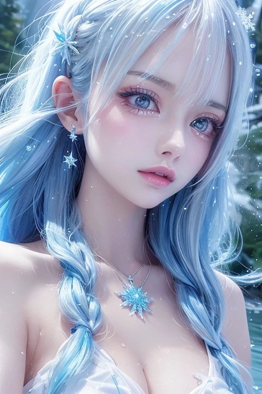 Close-up of a woman wearing a snowflake bikini in the water, ,Rain-drenched, Gu Weiss, closeup fantasy with water magic, Covered with water droplets, soak, Rainy and humid, Wet, Wet flowing hair, Wet body, artwork in the style of Gu Weiss, Ethereal Beauty, Beautiful body and face, The water reached her shoulders.