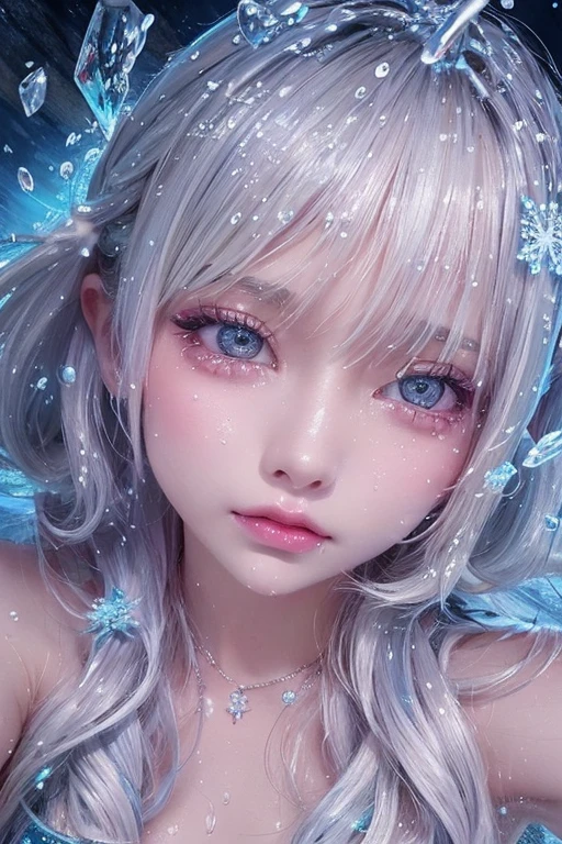 Close-up of a woman wearing a snowflake bikini in the water, ,Rain-drenched, Gu Weiss, closeup fantasy with water magic, Covered with water droplets, soak, Rainy and humid, Wet, Wet flowing hair, Wet body, artwork in the style of Gu Weiss, Ethereal Beauty, Beautiful body and face, The water reached her shoulders.