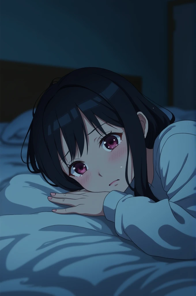 A class 8 girl is Crying in bed, while she trying to sleep but she was thinking about her crush who always thinks him worthless. She was crying cause of his Depression. Make an anime art image