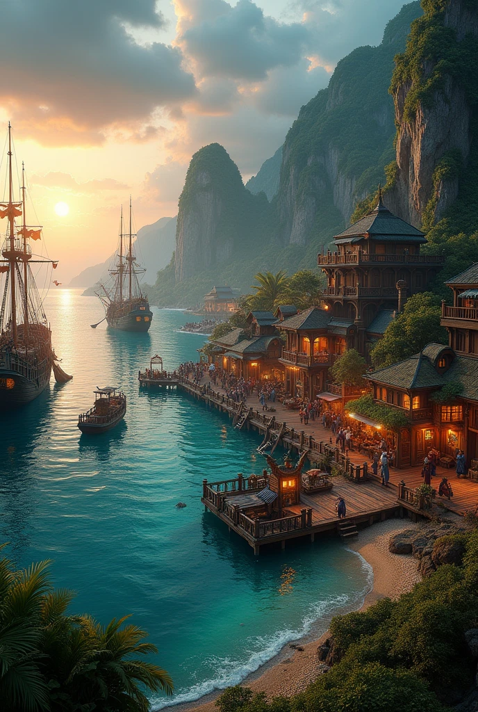 {pirate haven village, hyper-realistic, stunning detail, ships anchored with intricate metalwork and ornate designs, wooden docks extending into the turquoise sea, lush greenery surrounding the village, high cliffs in the background, sunset casting a golden glow, ultra-detailed, 4K resolution, reflections on the water, ships’ figureheads carved with mythical creatures, magical atmosphere, inspiration from high fashion details, old treasure chests partially hidden, vibrant market stalls, torches lighting the pathways, calm but foreboding sea, cinematic framing, dramatic skies}