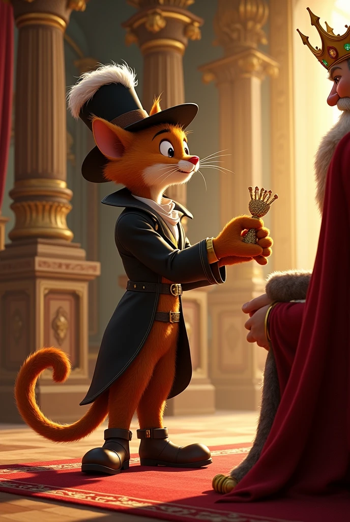 Generate me an image of when Puss in Boots presented himself to the king of the palace and gave him his offering