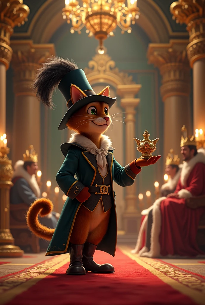 Generate me an image of when Puss in Boots presented himself to the king of the palace and gave him his offering