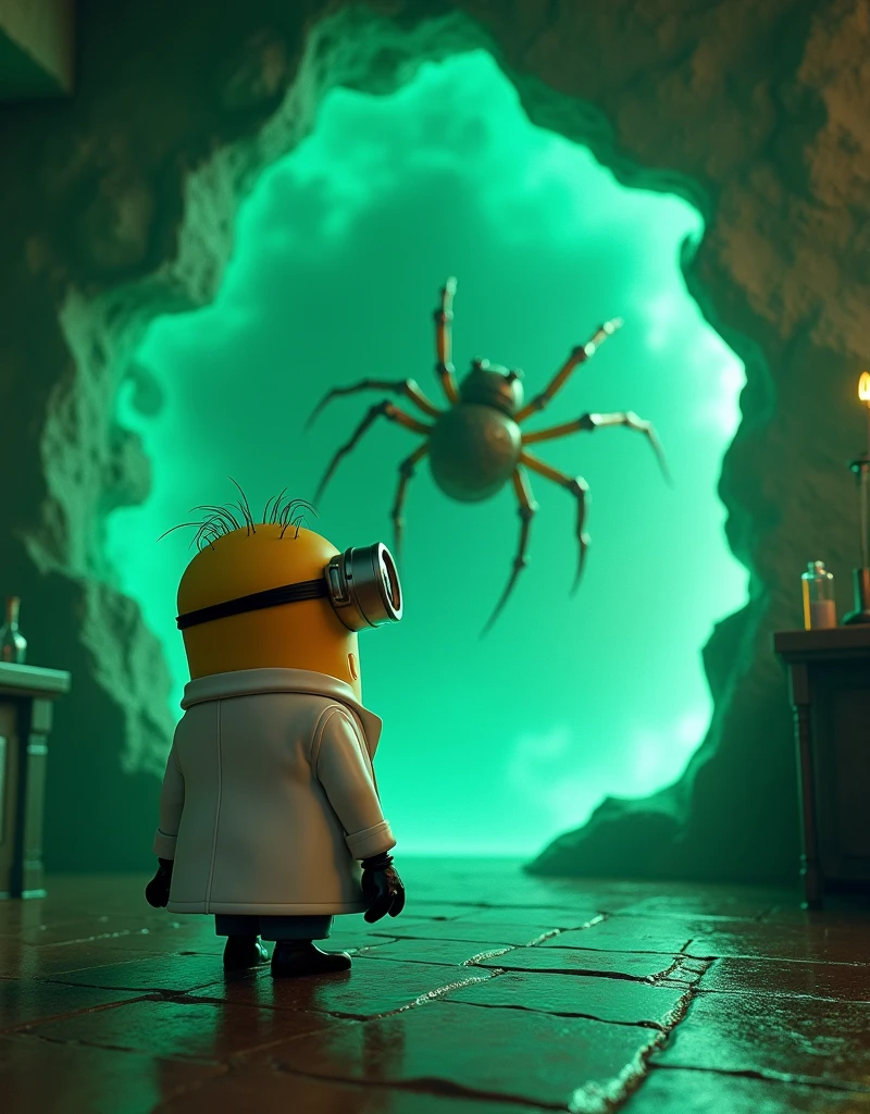 Minion A corner of the lab with a green glowing space crack that just appeared, smaller but similar in city. A giant but smaller spider is crawling out of the crack in front of Minion Kevin . Minion Kevin in scientist suit turns around with a look of horror, hand still holding a laboratory instrument.